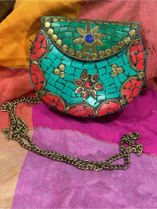 Vintage Handbags - Vintage Turquoise & Red Mosaic Crossbody Tibetan Bag